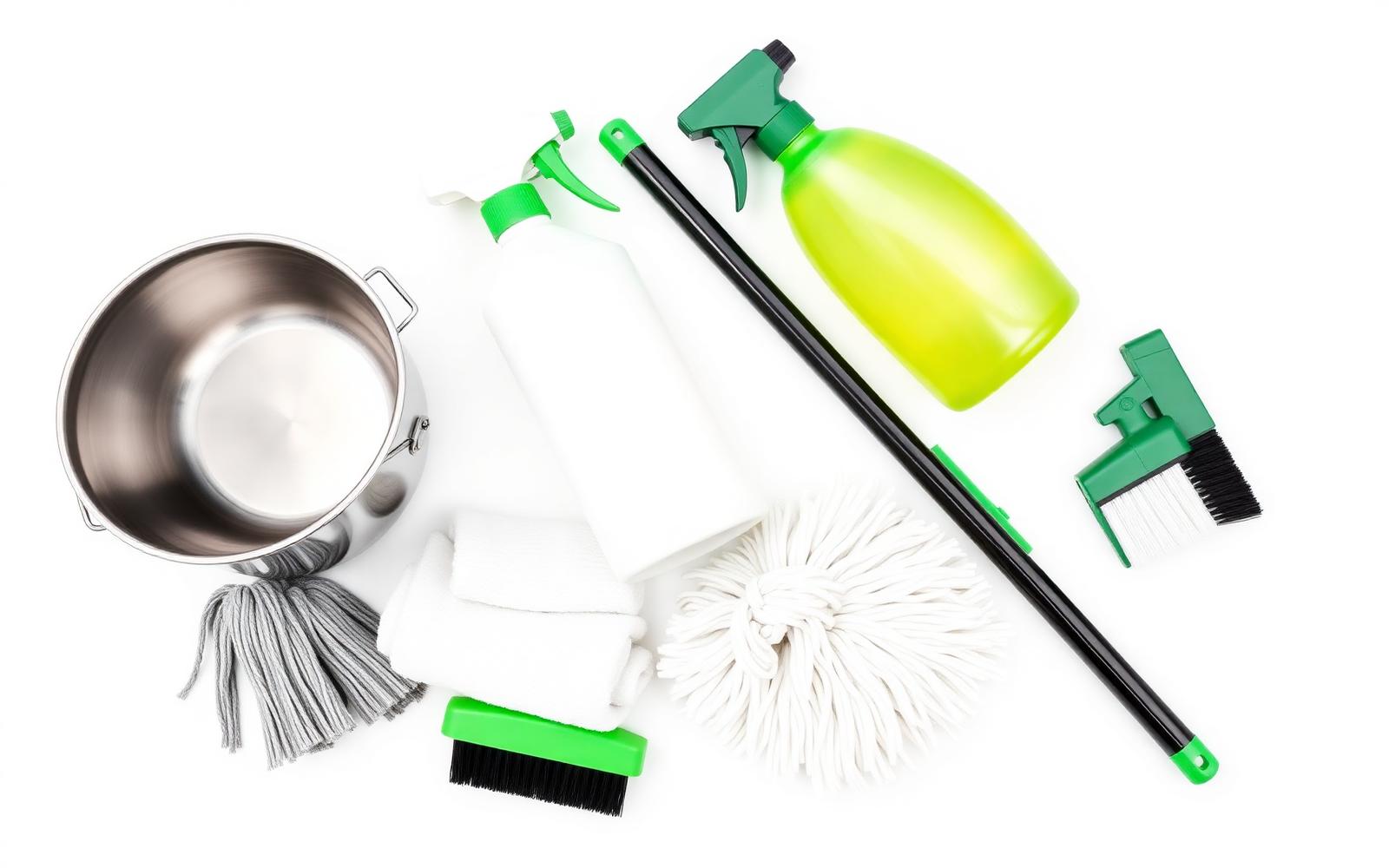 Professional commercial cleaning supplies arranged on a white surface
